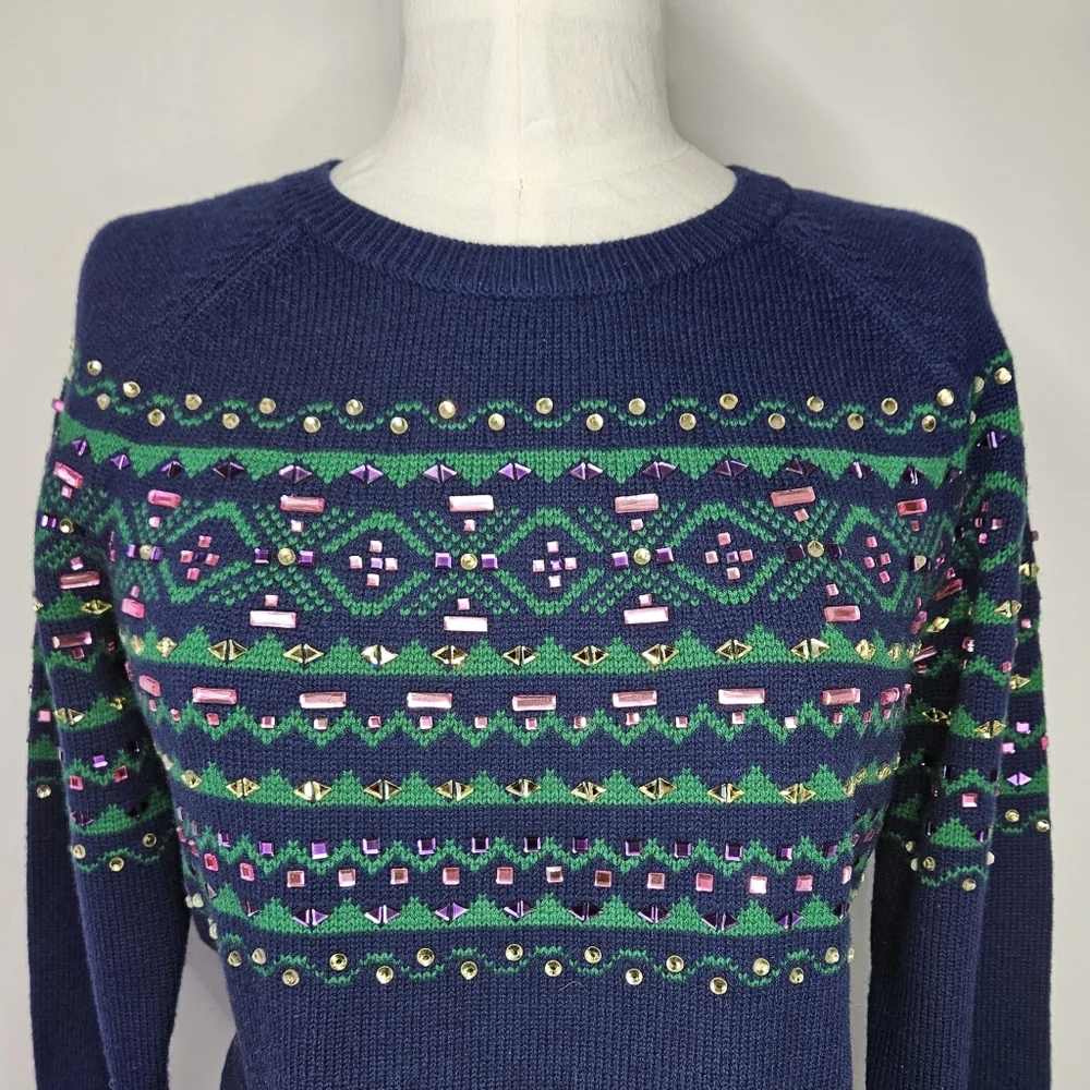Talbots Size LP Sweater Fair Isle Gemstone Sparkle Navy Pastel Heavy Tight Knit